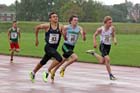 Dominic Singh (Kingston upon Hull AC) winning from Benjamin Lyall-Smith (Seaton AC) and Joshua Pemberton (Trafford AC) in the under-15s 200 metres at the Northern Under-17s and 15s Championships, Liverpool.